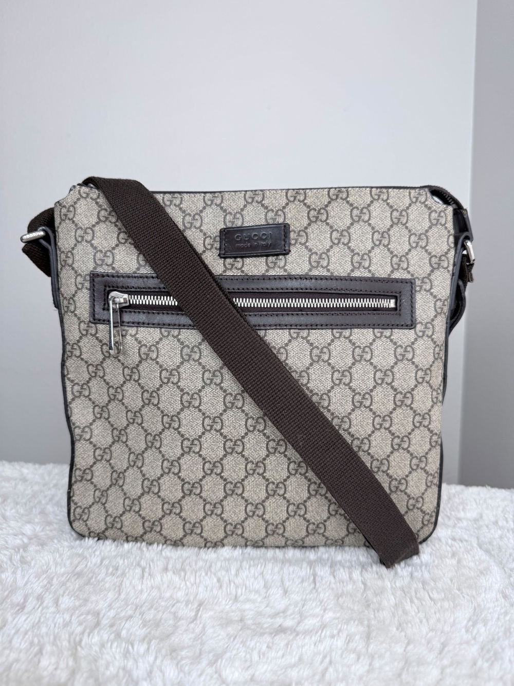 Gucci Flat Front zip Beige GG Canvas Crossbody Bag